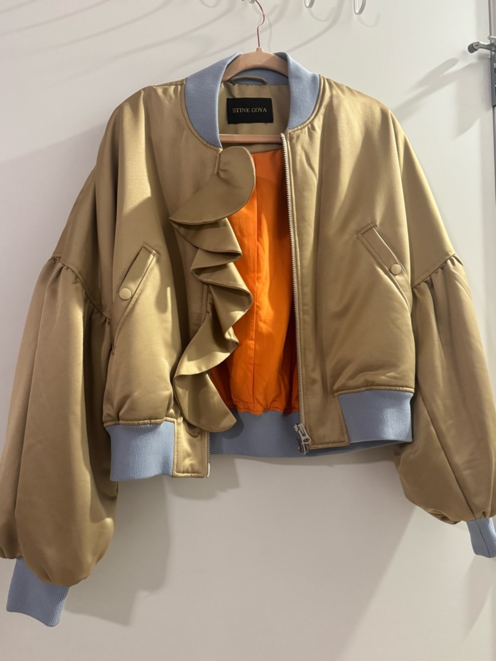 STINE GOYA Beige Ruffle Bomber Jacket with Light Blue Trim and Orange Lining
